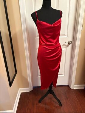 Red Satin Backless Cowl Neck Midi Dress - Women